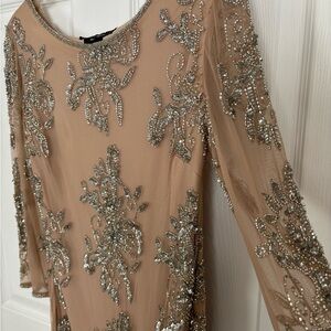 Pissaro Nights tan beaded dress petite